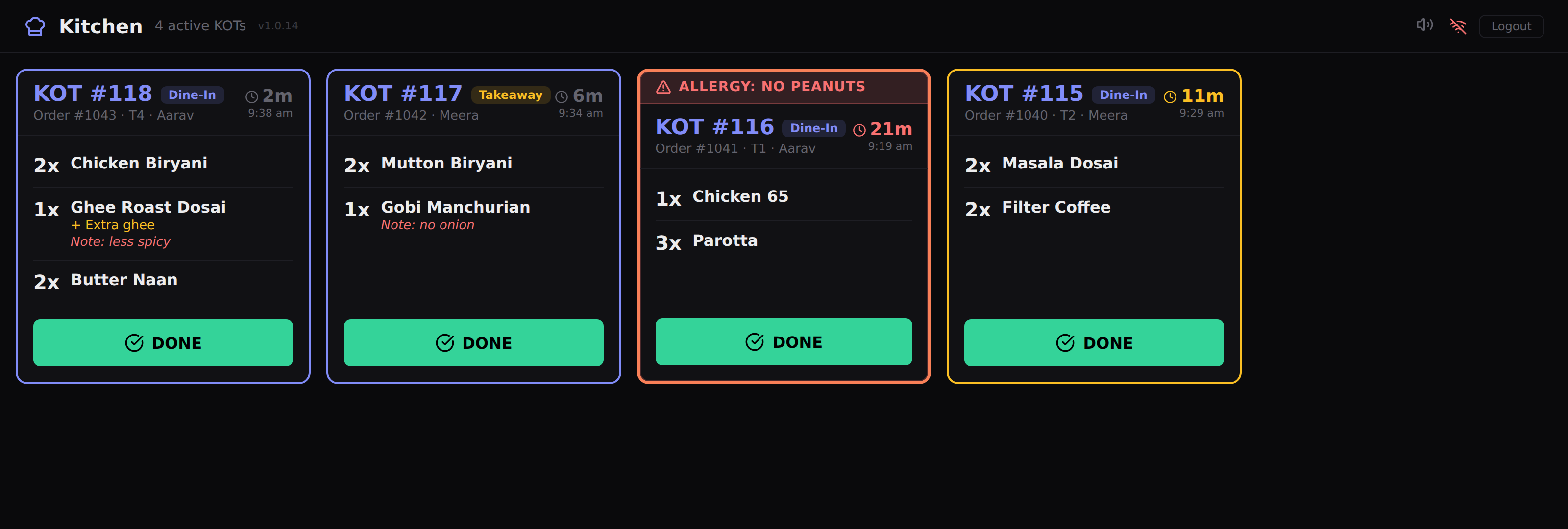 Four POSLab kitchen tickets — a new dine-in order, a takeaway part-served, an over-time ticket flagged red with an allergy warning, and a fourth in progress