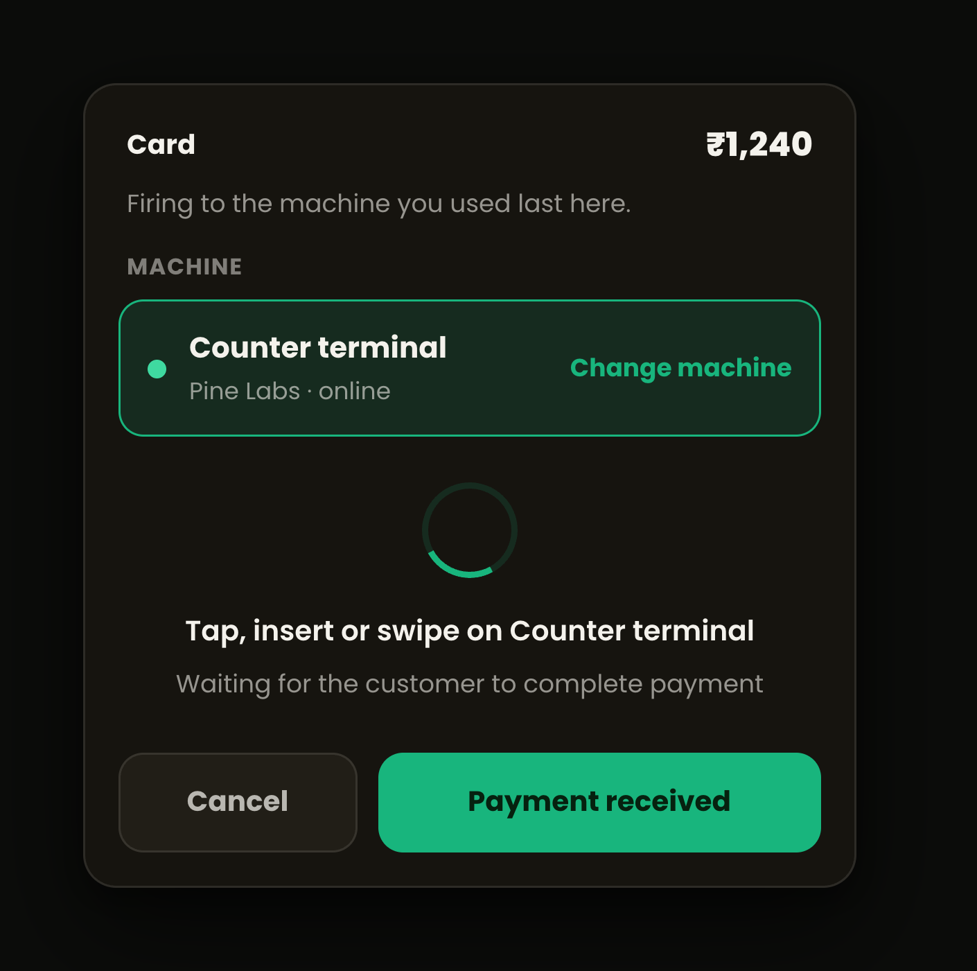 POSLab settle screen — a ₹1,240 card charge already fired to the counter terminal, waiting on the customer