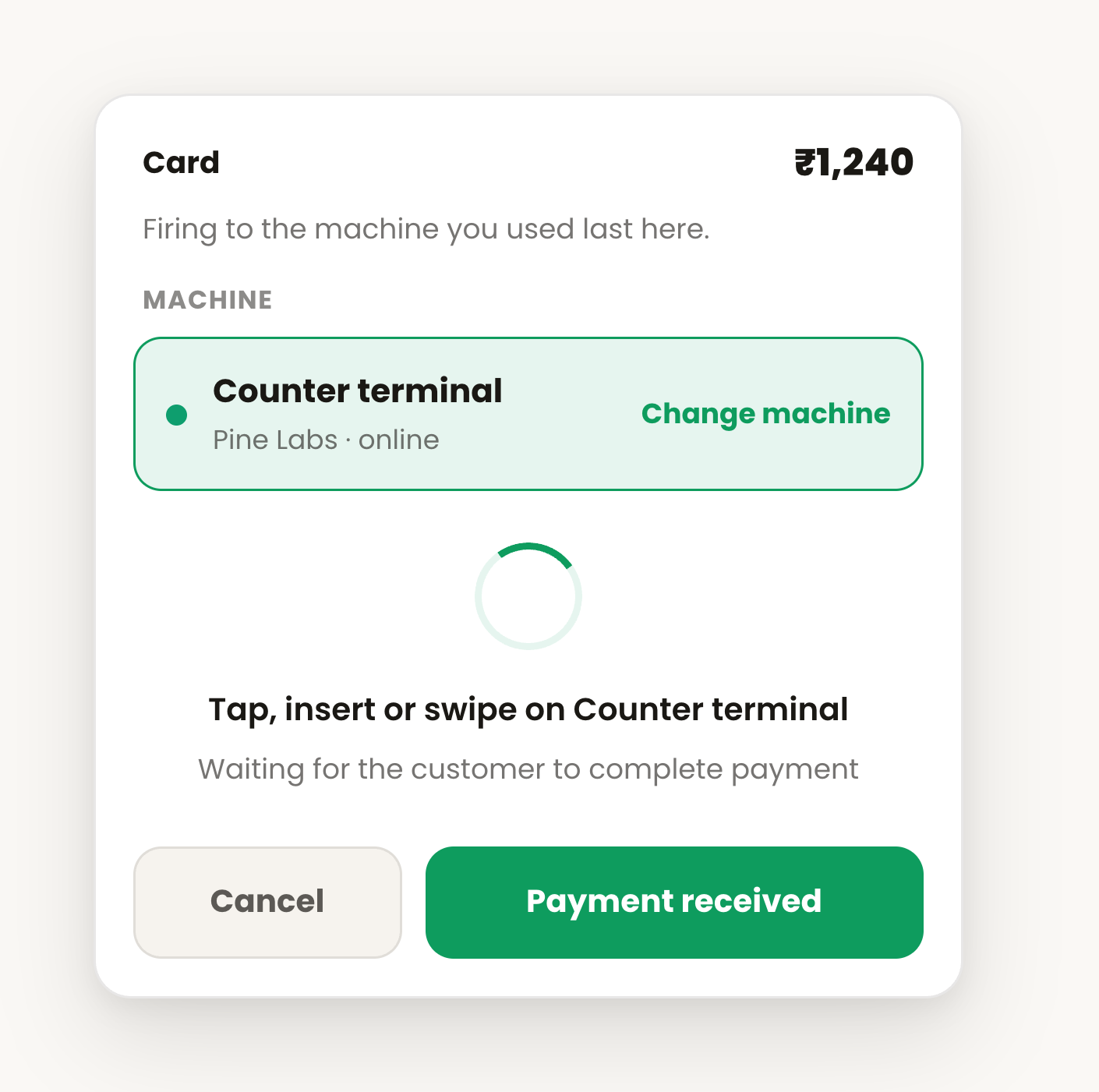 POSLab settle screen — a ₹1,240 card charge already fired to the counter terminal, waiting on the customer